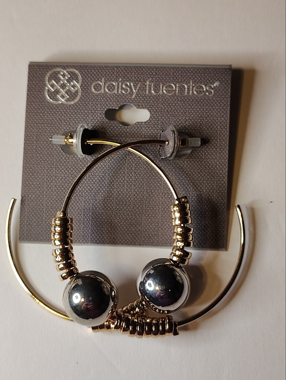 Daisy Fuentes Shiny Silver Hoop Earrings with Orb Accents - Picture 3 of 4